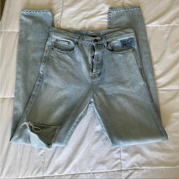 Saint Laurent distressed embroidered denim - Picture 1 of 14